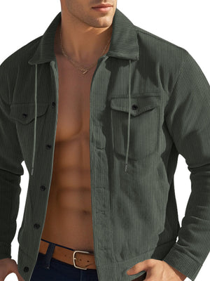 Men's dark green corduroy shirt jacket with two chest pockets and button closure.