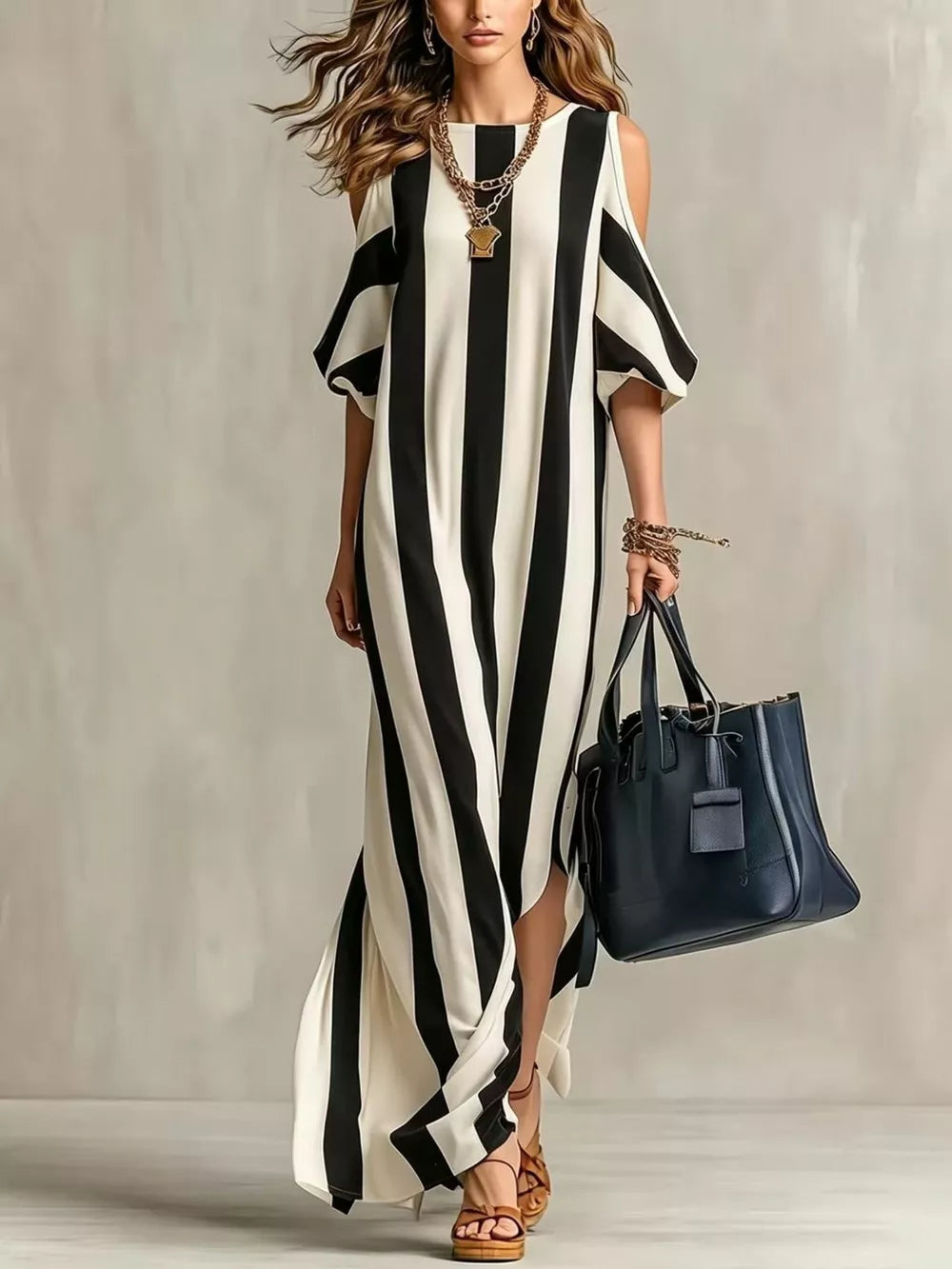 Pink Striped Cold Shoulder Maxi Dress