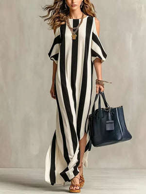 Pink Striped Cold Shoulder Maxi Dress