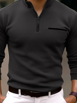 Black mock neck zip-up sweatshirt with welt pocket detail