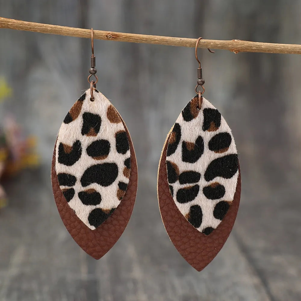 Leopard print layered leather dangle earrings in brown with boho style