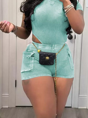Sky blue ribbed crop top and pocket shorts set with a chain belt.