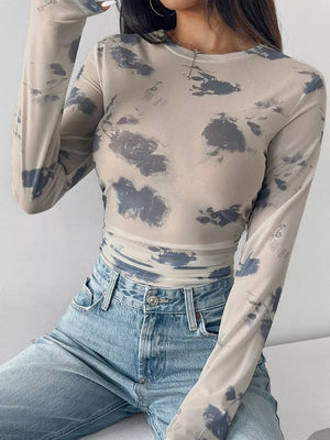 Sheer Cloud Print Long Sleeve T-shirt in Beige