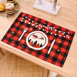 Red and black buffalo check placemat with Christmas lights and Santa scene