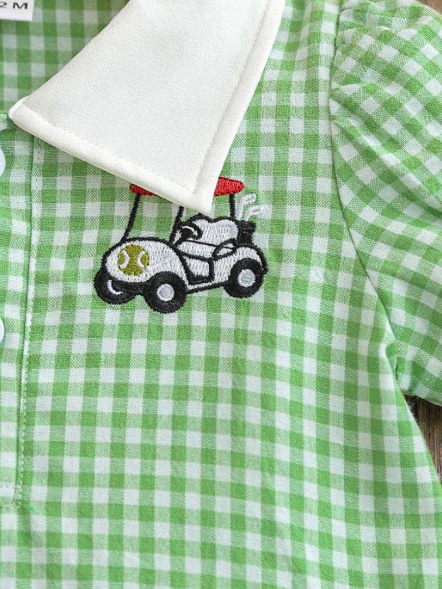 Gingham polo dress in Gum Leaf green with a golf cart embroidery and white collar.