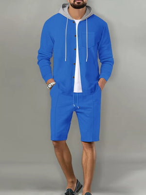 White with Men's Casual Hooded Button-up Shirt And Shorts Set