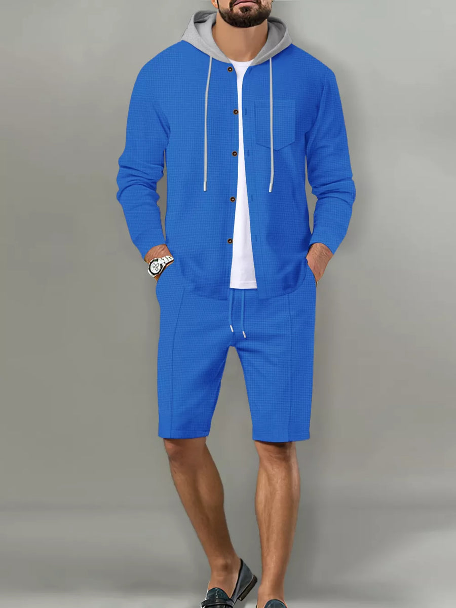 White with Men's Casual Hooded Button-up Shirt And Shorts Set
