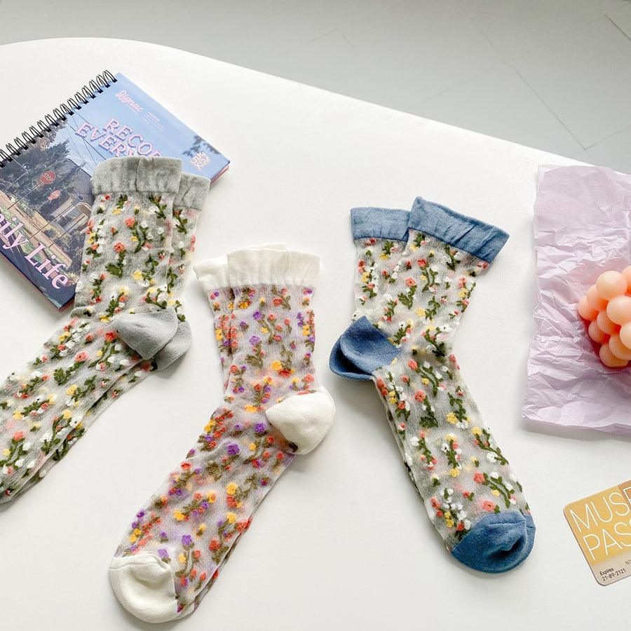 socks in light gray with ditsy floral and sheer