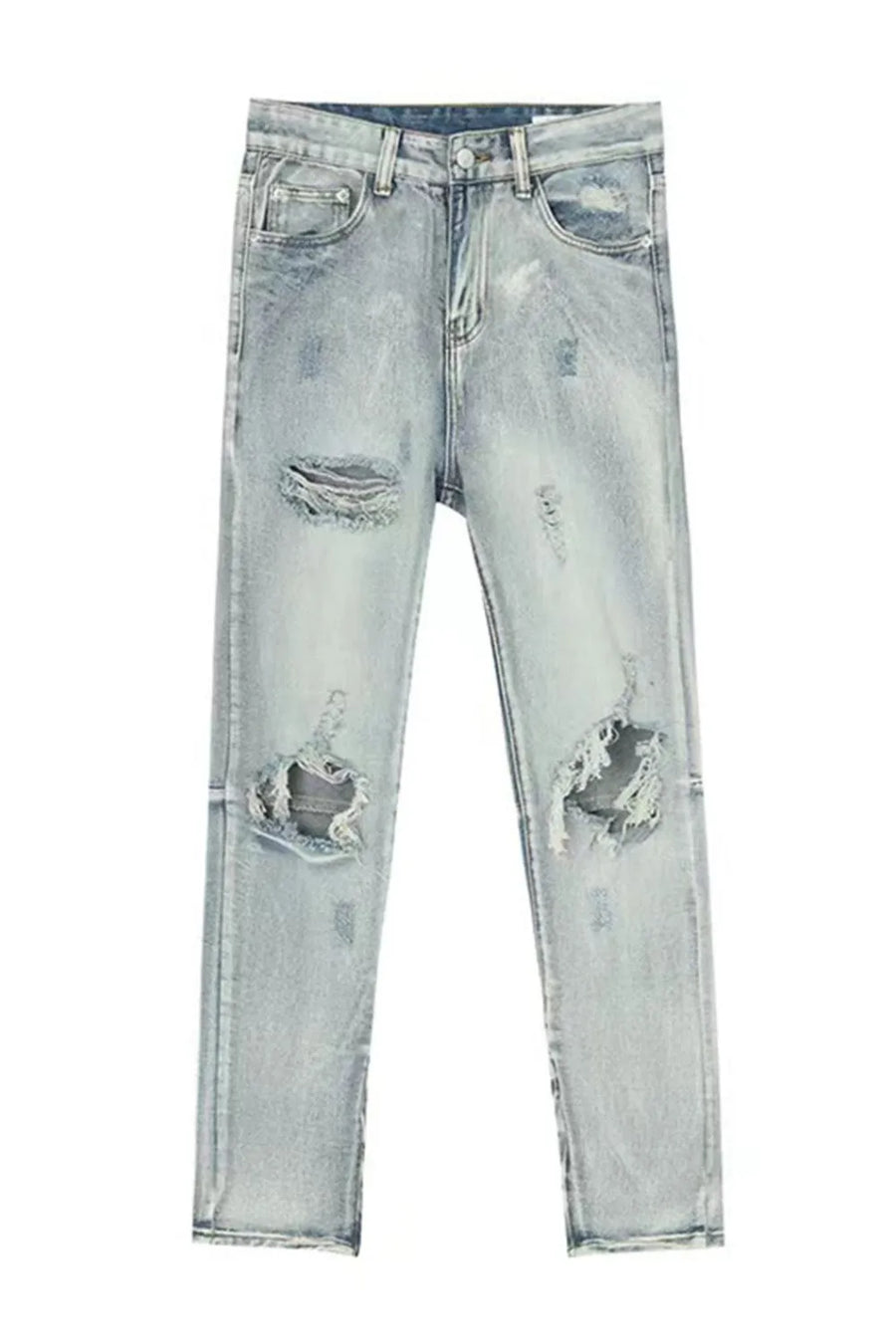 Light wash denim jeans with ripped knees and a slim fit.