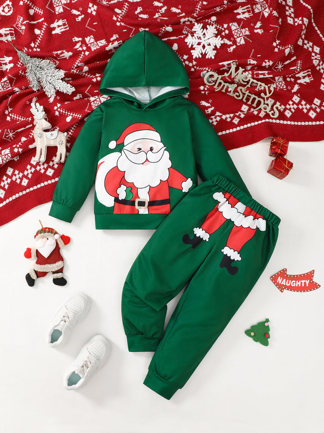 forest green pajama set with graphic and hooded