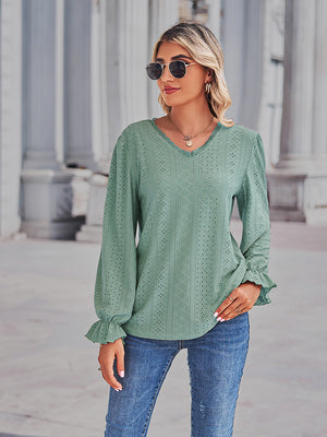 Lace-cut prairie blouse in Gum Leaf with ruffled sleeves and V-neck