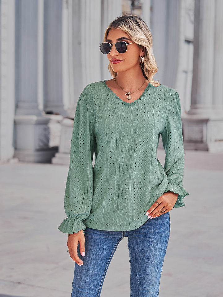 Lace-cut prairie blouse in Gum Leaf with ruffled sleeves and V-neck