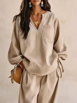 Cream relaxed lounge set with v-neck