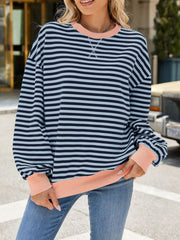 Striped crew neck sweatshirt with coral cuffs and hem
