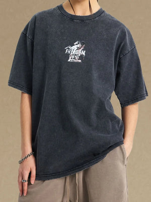 Black vintage wash graphic tee with a distressed "Freedom" horse print.