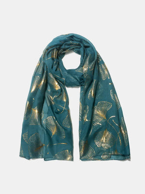 Teal scarf with gold ginkgo leaf print