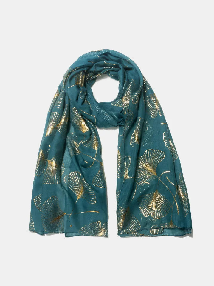 Teal scarf with gold ginkgo leaf print