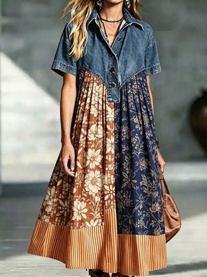 shirt dress in Green with patchwork and buttoned