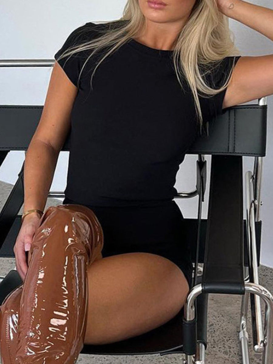 Black ribbed two-piece tee and shorts set with short sleeves and crew neck.