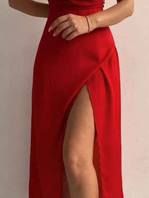 Deep Red V-neck maxi dress with side slit in polyester.