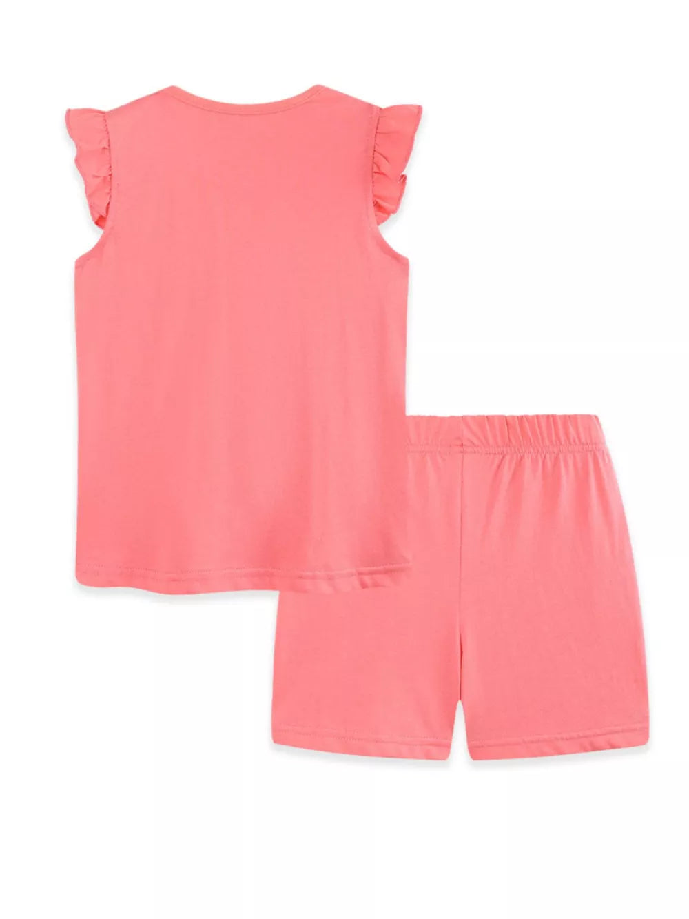 Coral pink cotton toddler set with ruffled cap sleeves and elastic waist shorts.