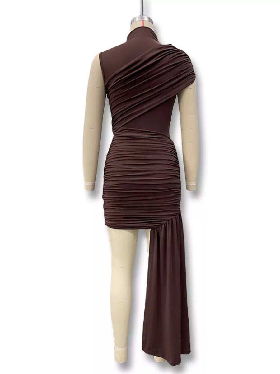 Brown ruched asymmetrical mock neck dress with draped detail and one sleeve.