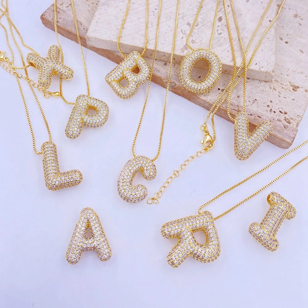Gold bubble letter pendant necklaces with zircon accents, Style X, Y, V, Z, W