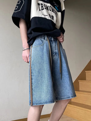 Men's blue wide-leg denim shorts with drawstring and side stripe detail.
