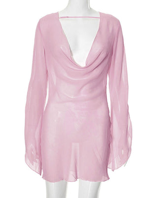Pink sheer chiffon mini dress with draped cowl neck and backless detail