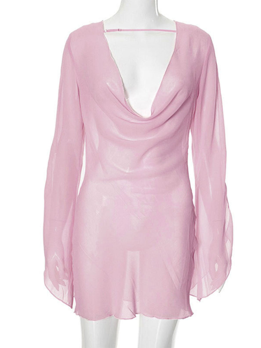 Pink sheer chiffon mini dress with draped cowl neck and backless detail