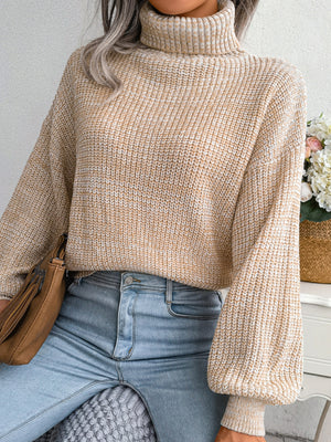 Relaxed Turtleneck Dropped Shoulder Sweater in Green with waffle-knit