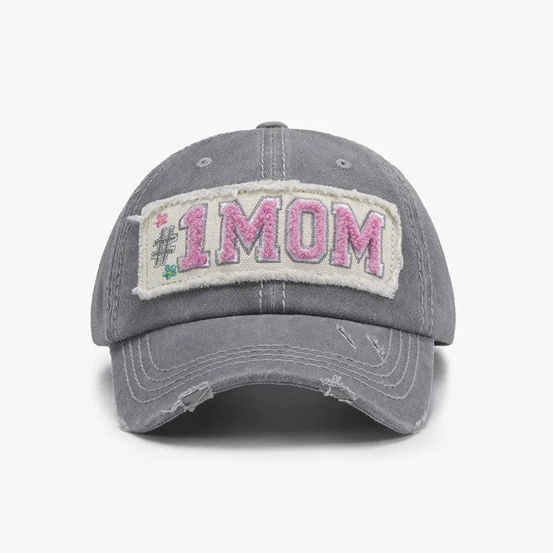Gray baseball cap with "#1 MOM" embroidered patch and distressed details