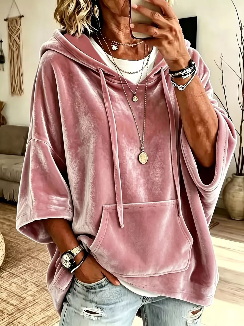 pullover hoodie in dusty pink featuring kangaroo pocket and relaxed fit