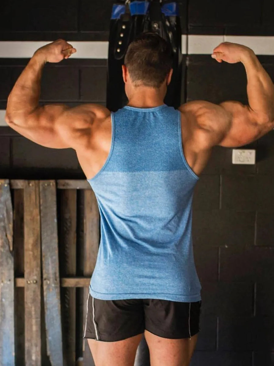 Sky blue performance knit active tank top with subtle heathered texture.