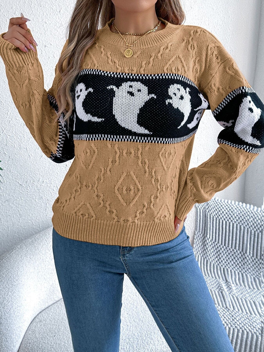Camel pullover sweater featuring cable-knit and ghost-print