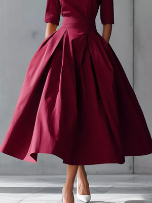 Burgundy A-line midi dress with pleated skirt and short sleeves
