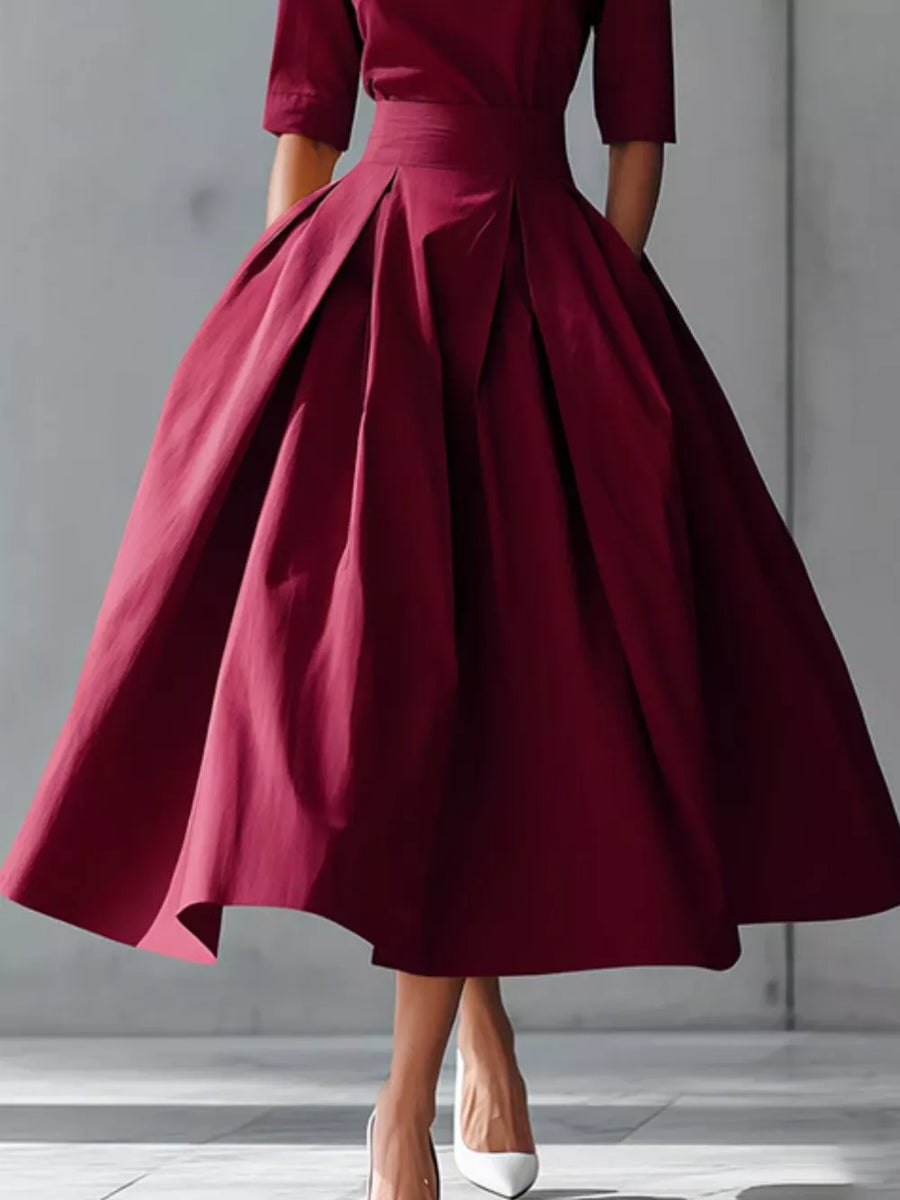 Burgundy A-line midi dress with pleated skirt and short sleeves