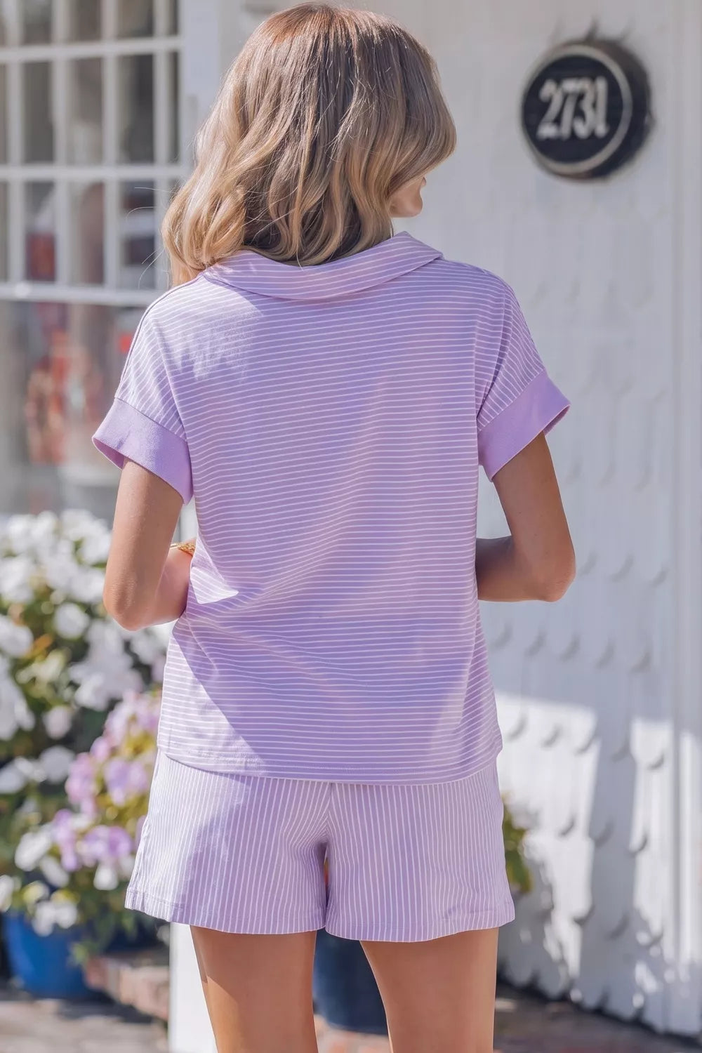 Lavender striped pajama set with short sleeves and shorts