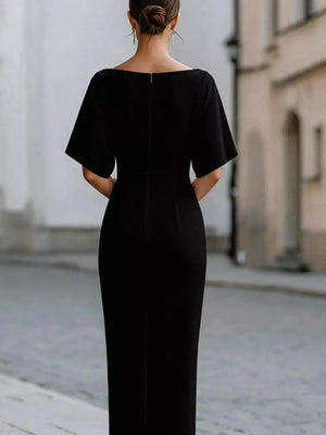 Half Sleeve Boat Neck Midi Dress in Navy Blue