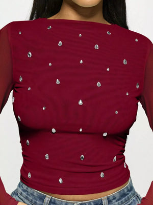 Burgundy mesh long-sleeve t-shirt with scattered rhinestones.