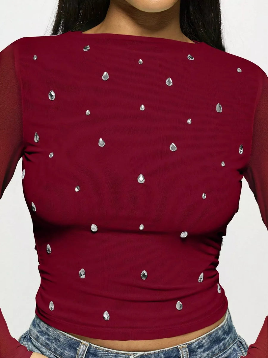 Burgundy mesh long-sleeve t-shirt with scattered rhinestones.