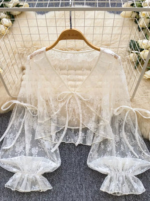 Sheer Lace Tie Front Flounce Sleeve Top in Apricot