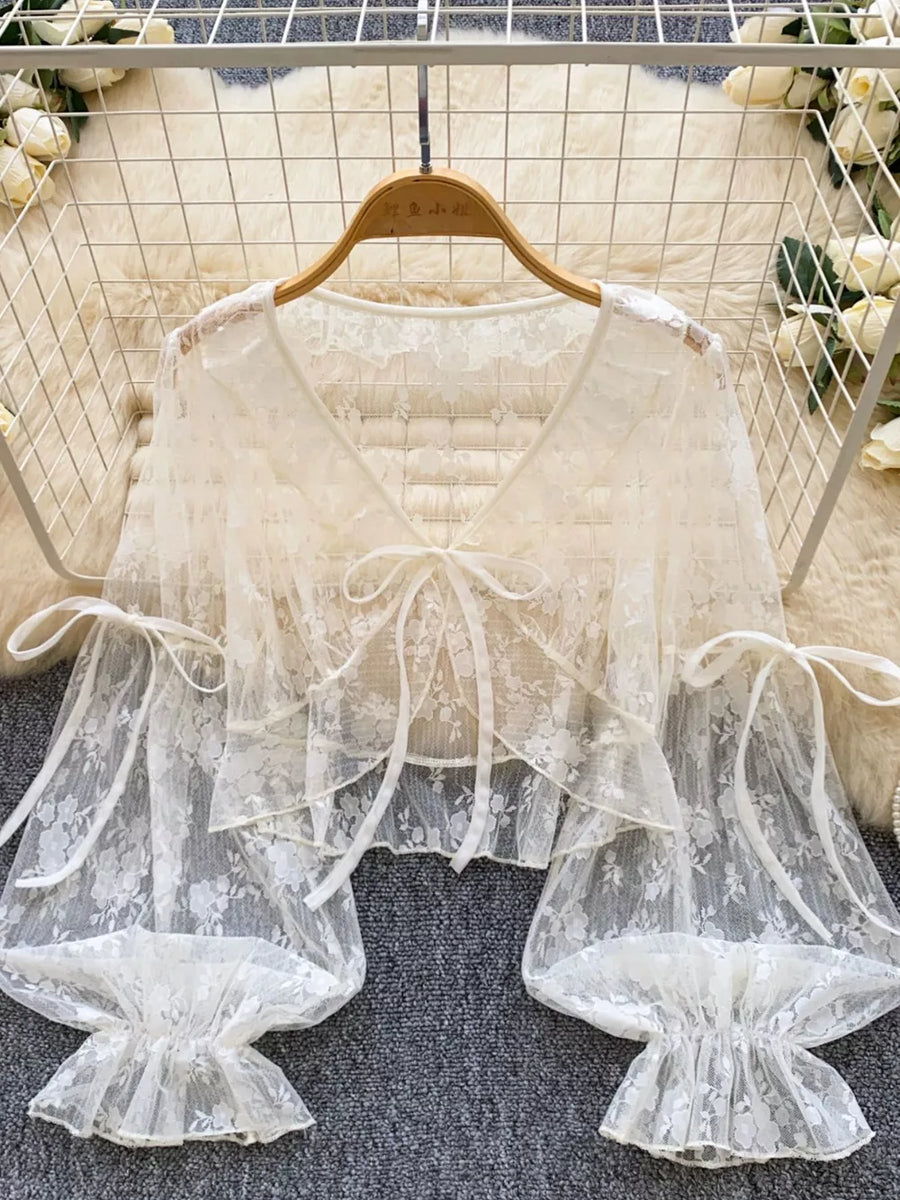 Sheer Lace Tie Front Flounce Sleeve Top in Apricot