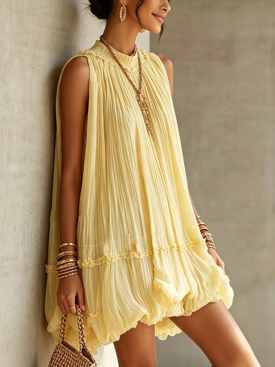 romantic mini dress in blush pink with mock neck