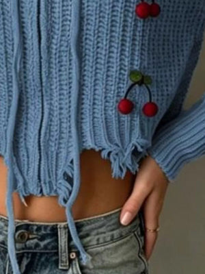 Cherry Knit Zip-up Hooded Sweater in Apricot