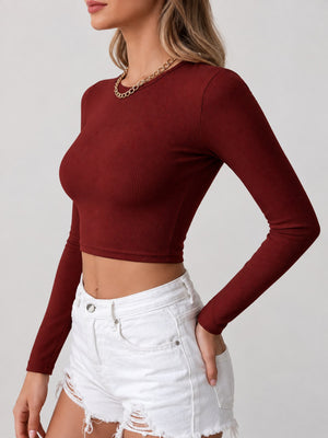 Cutout Back Long Sleeve Crop T-Shirt in Green