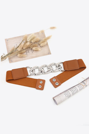 Ochre elastic belt with silver chunky chain and faux leather details