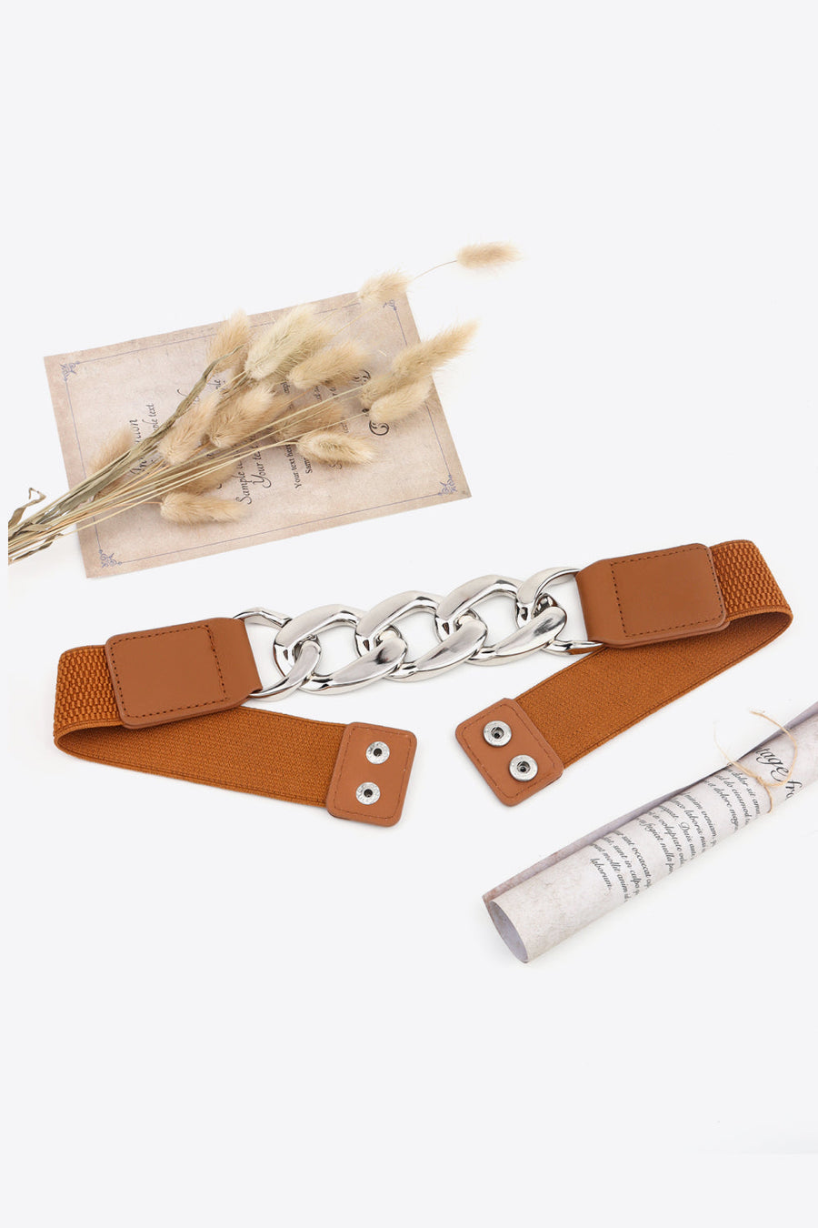 Ochre elastic belt with silver chunky chain and faux leather details