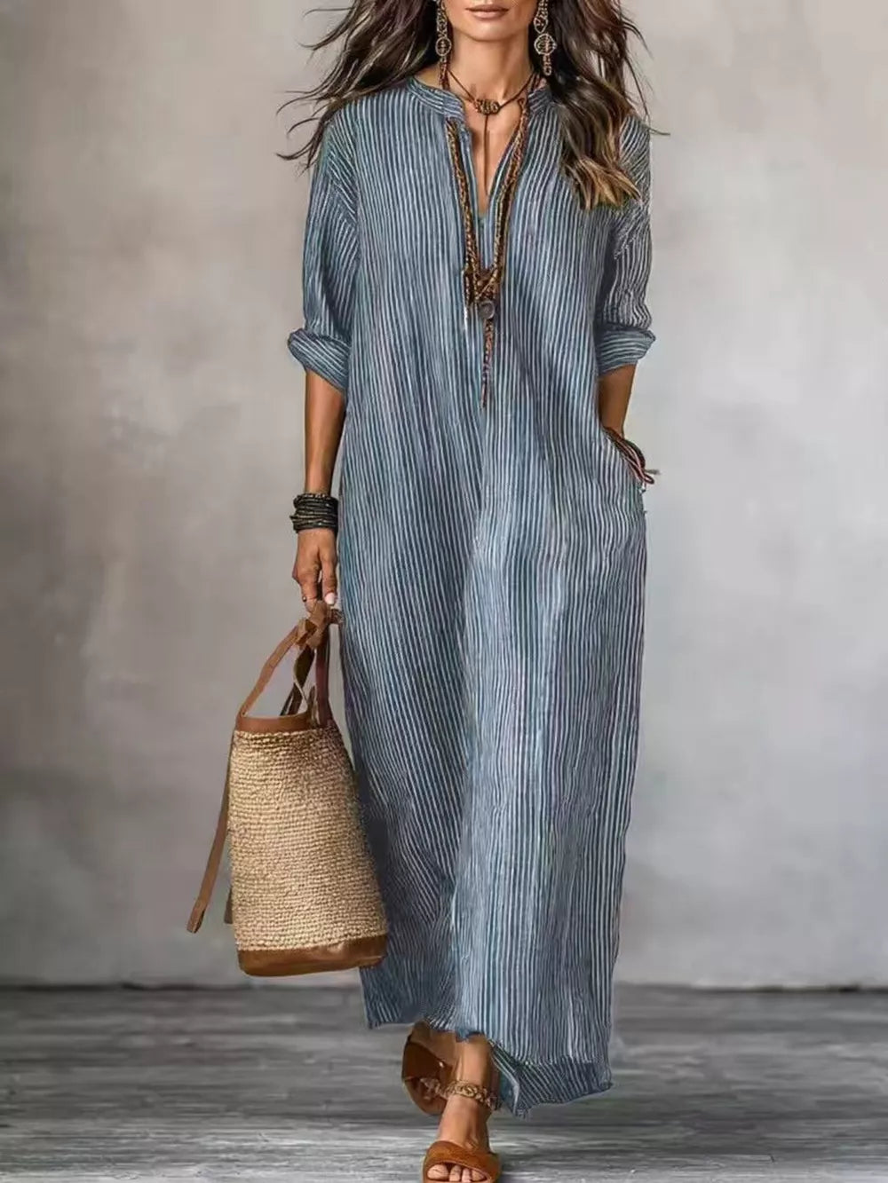slate blue maxi dress with striped and v-neck