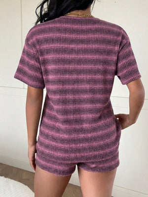 Striped Textured Knit Top And Shorts Set in charcoal